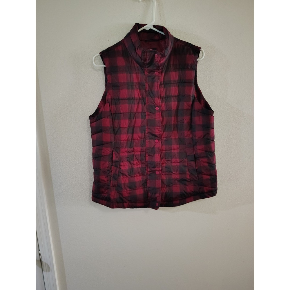 Gap Mens Large Red Black Buffalo Plaid‎ Quilted Puffer Vest Snap Front Outerwear
